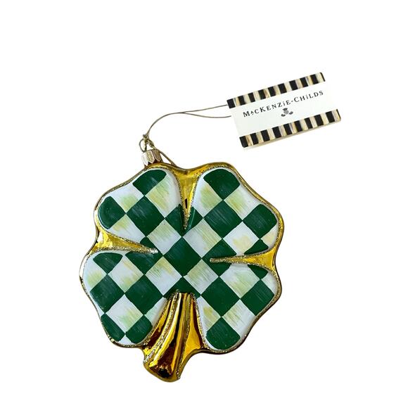 NEW MacKenzie-Childs Shamrock Glass Ornament Green White Checkered Holiday Decor - Picture 1 of 10